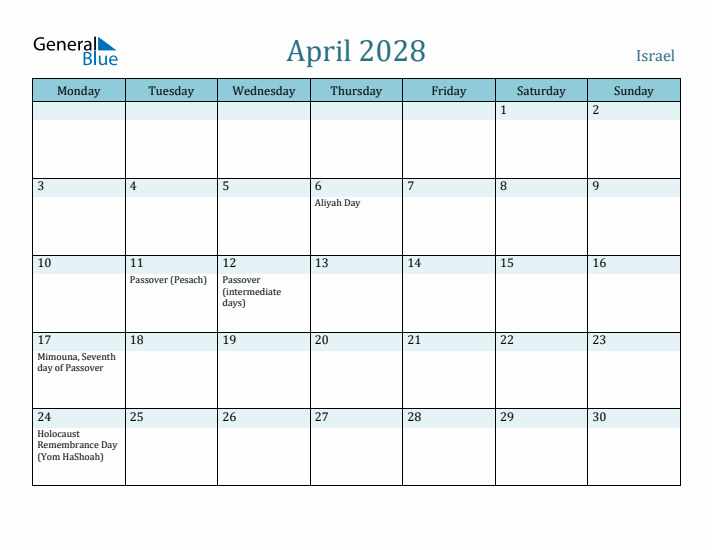 April 2028 Calendar with Holidays