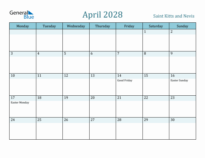 April 2028 Calendar with Holidays