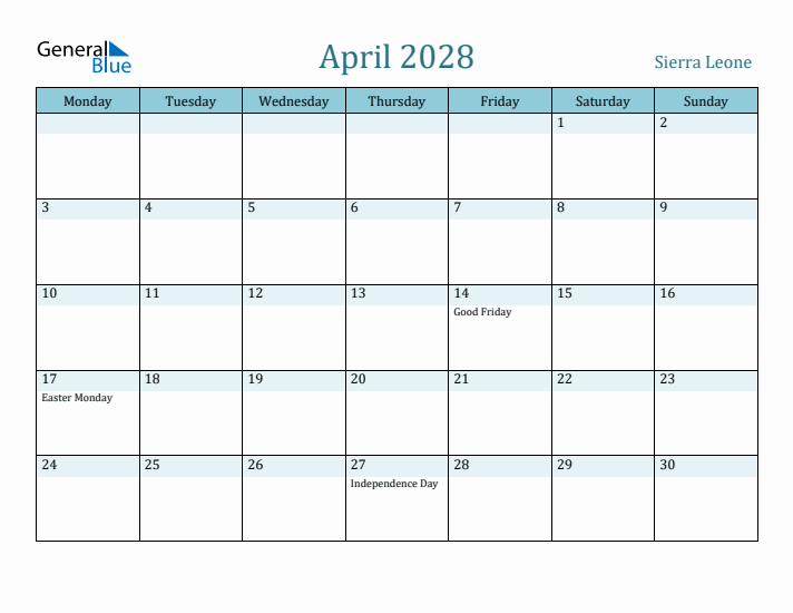 April 2028 Calendar with Holidays