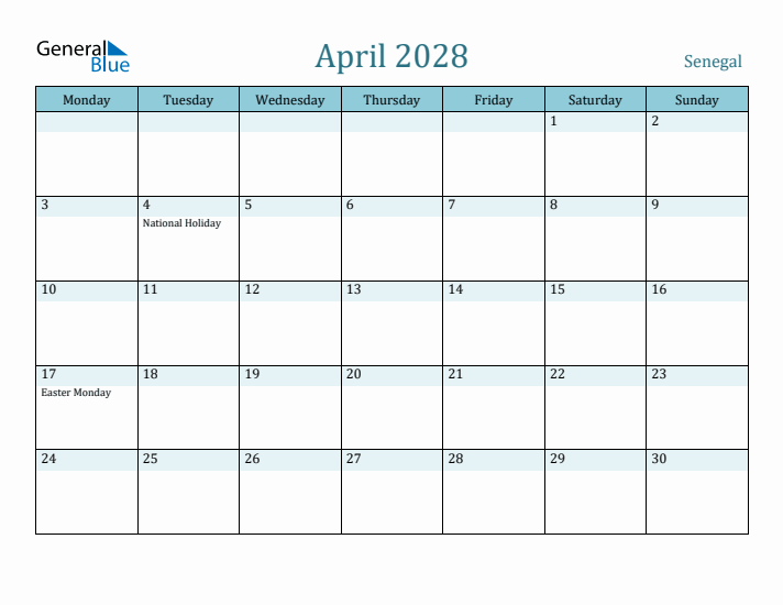 April 2028 Calendar with Holidays