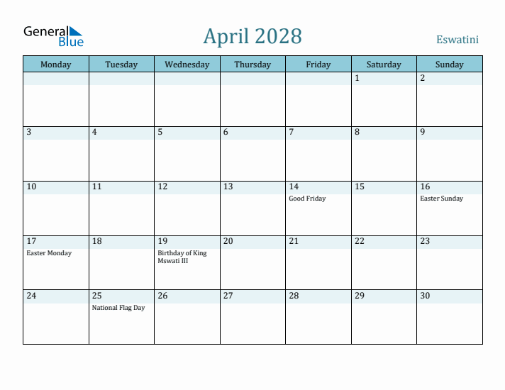 April 2028 Calendar with Holidays