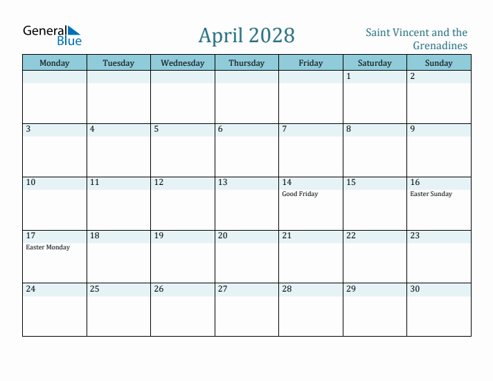 April 2028 Calendar with Holidays