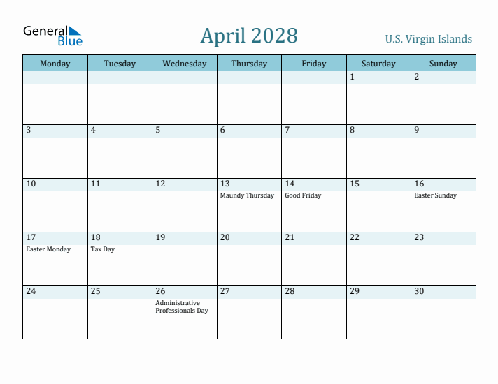 April 2028 Calendar with Holidays