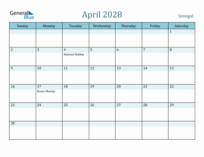 April 2028 Calendar with Holidays