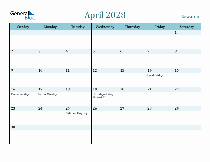 April 2028 Calendar with Holidays