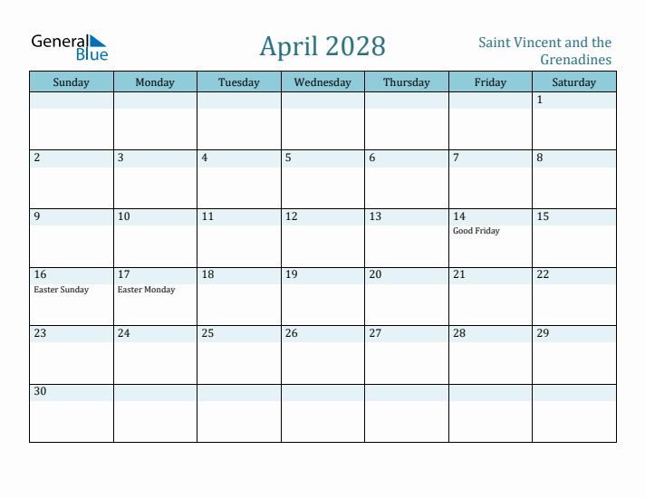 April 2028 Calendar with Holidays