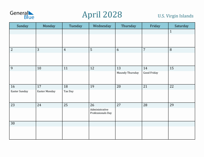 April 2028 Calendar with Holidays