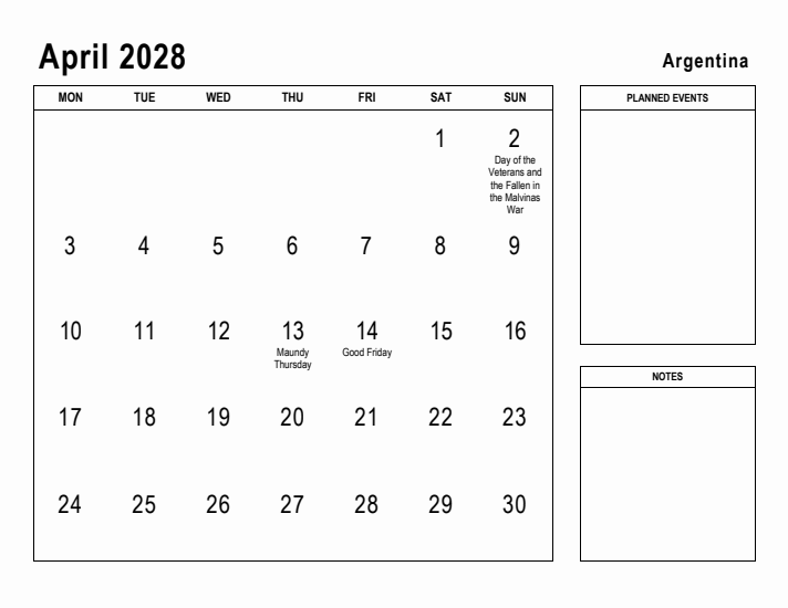 April 2028 Printable Monthly Calendar with Argentina Holidays