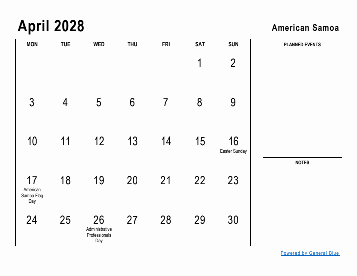 April 2028 Printable Monthly Calendar with American Samoa Holidays