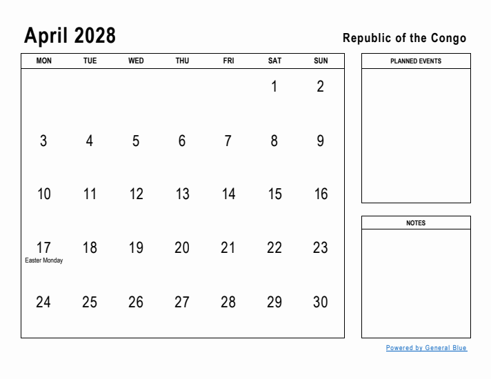 April 2028 Printable Monthly Calendar with Republic of the Congo Holidays