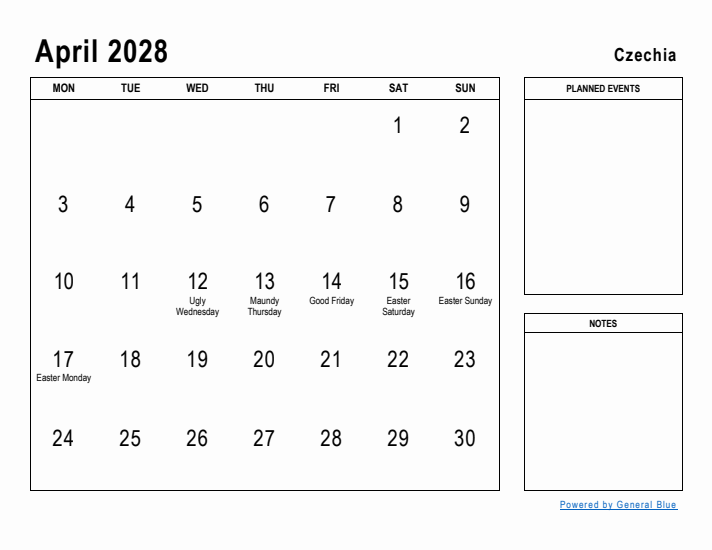 April 2028 Printable Monthly Calendar with Czechia Holidays