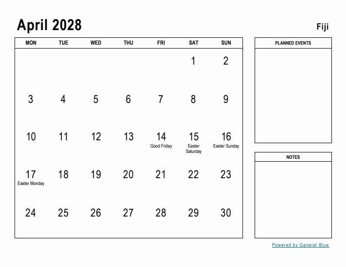 April 2028 Printable Monthly Calendar with Fiji Holidays