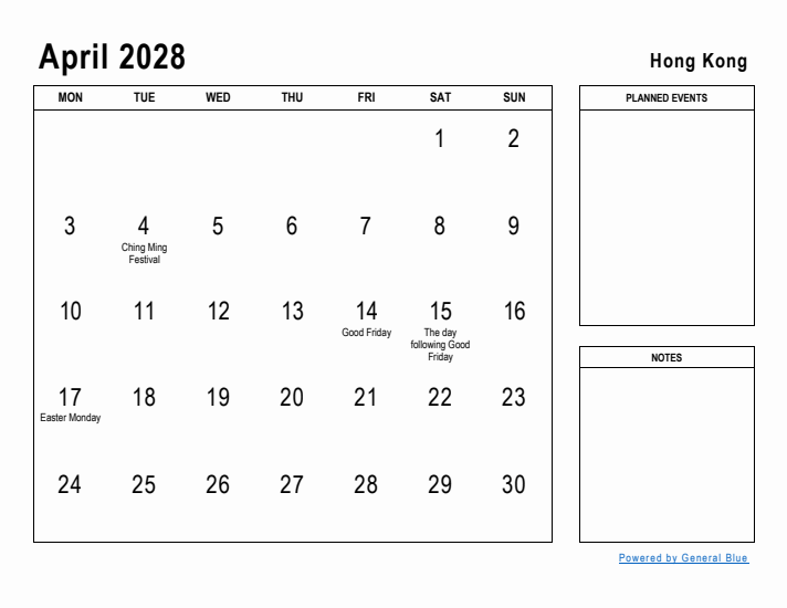 April 2028 Printable Monthly Calendar with Hong Kong Holidays