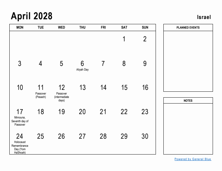 April 2028 Printable Monthly Calendar with Israel Holidays