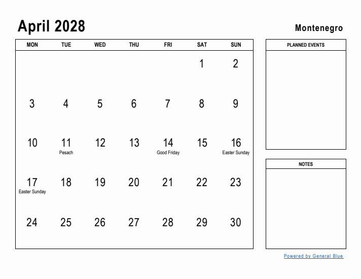 April 2028 Printable Monthly Calendar with Montenegro Holidays