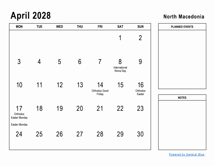 April 2028 Printable Monthly Calendar with North Macedonia Holidays