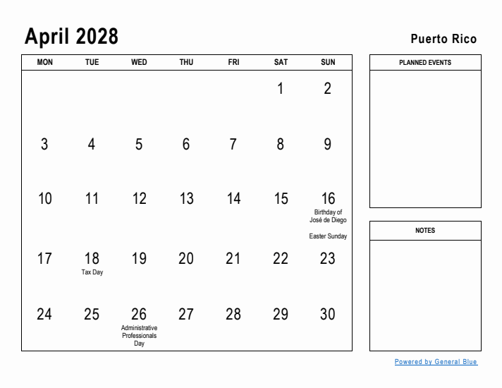 April 2028 Printable Monthly Calendar with Puerto Rico Holidays