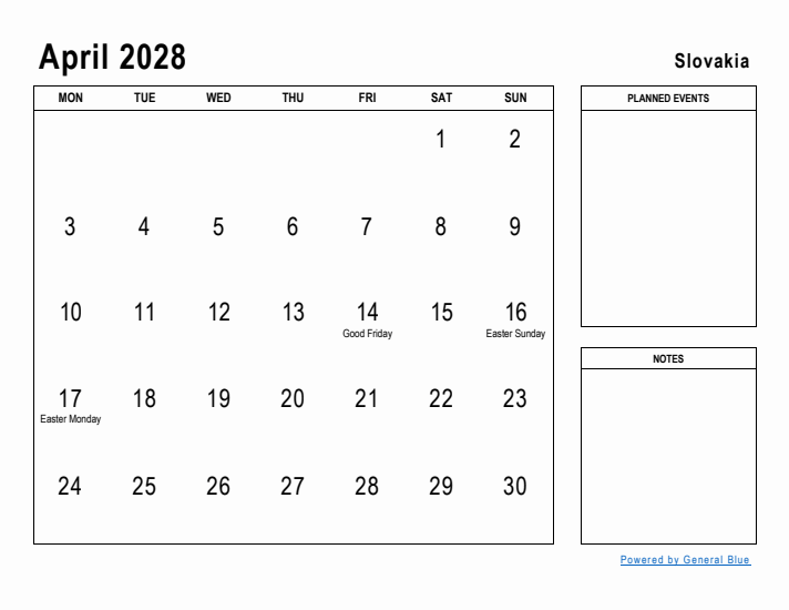 April 2028 Printable Monthly Calendar with Slovakia Holidays