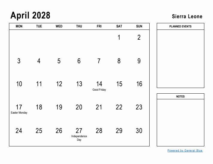 April 2028 Printable Monthly Calendar with Sierra Leone Holidays