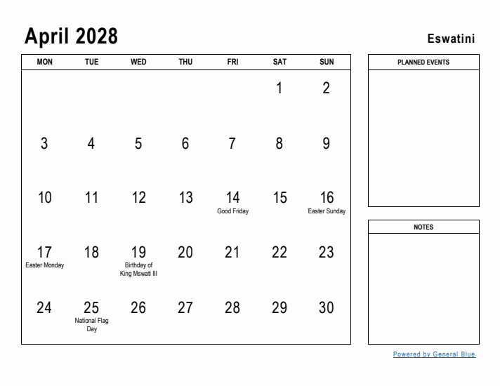 April 2028 Printable Monthly Calendar with Eswatini Holidays
