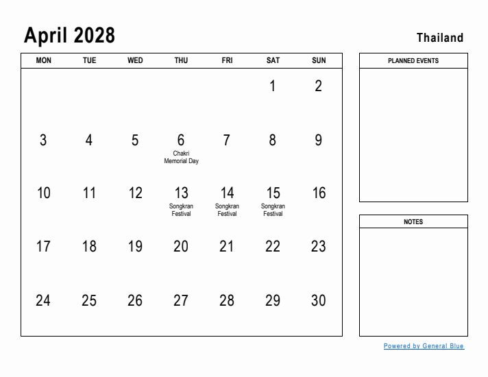 April 2028 Printable Monthly Calendar with Thailand Holidays