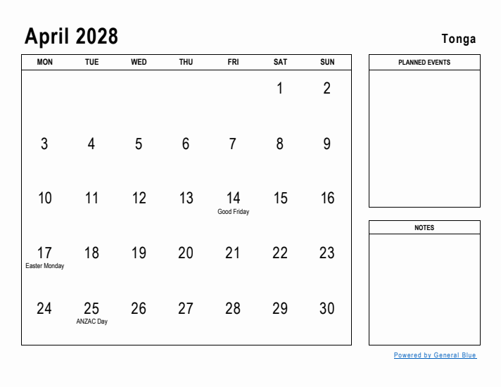 April 2028 Printable Monthly Calendar with Tonga Holidays