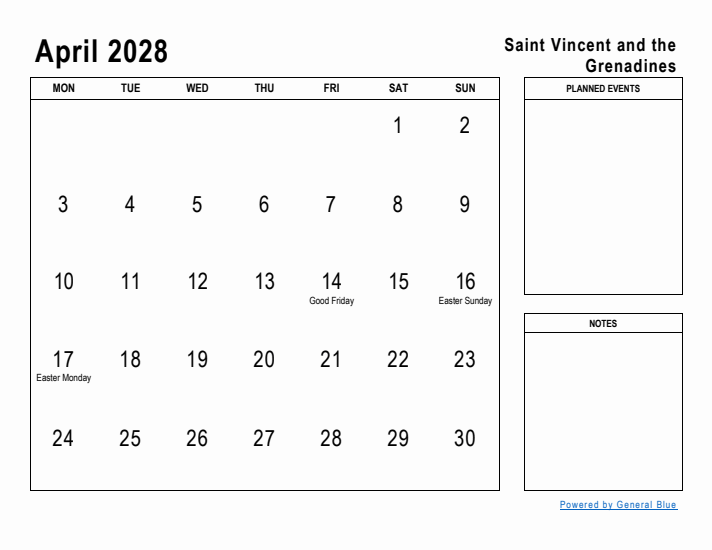 April 2028 Printable Monthly Calendar with Saint Vincent and the Grenadines Holidays