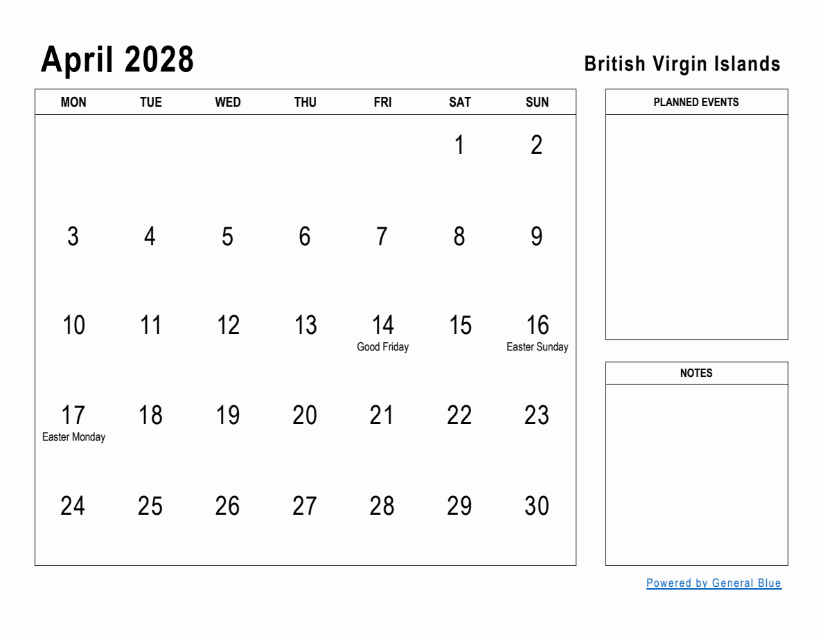 April 2028 Planner with British Virgin Islands Holidays (Monday Start)