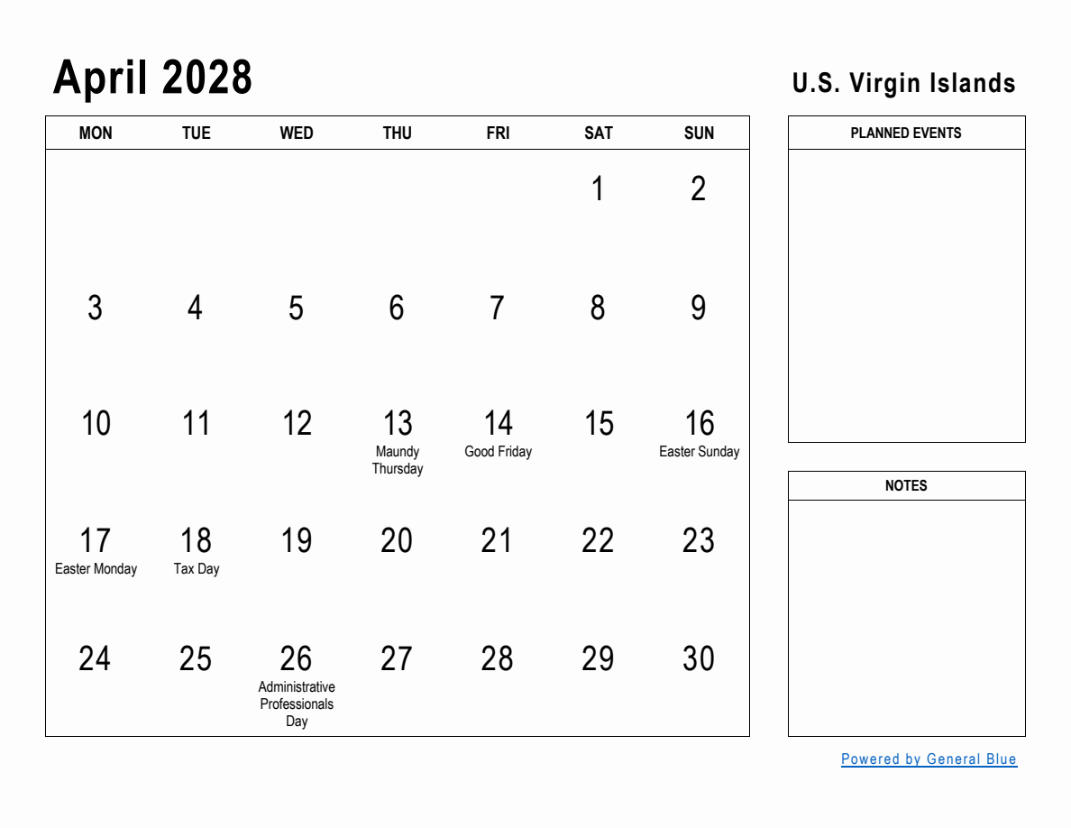 April 2028 Planner with U.S. Virgin Islands Holidays (Monday Start)