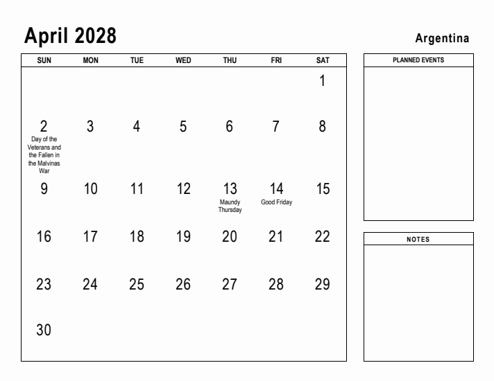 April 2028 Printable Monthly Calendar with Argentina Holidays
