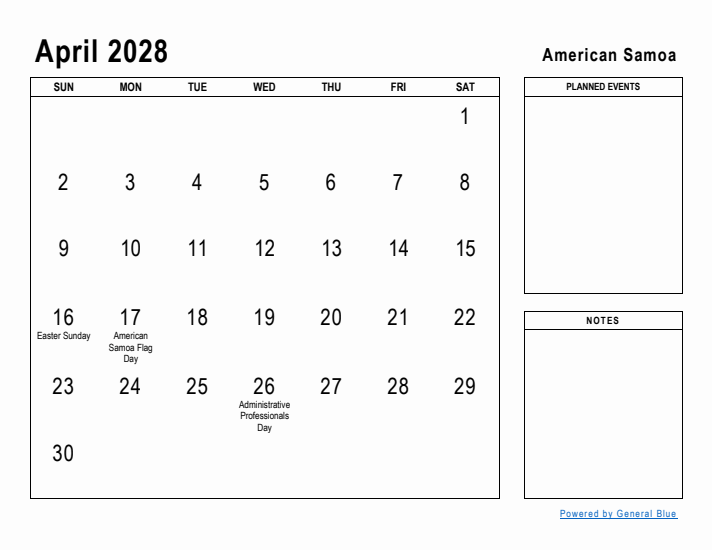 April 2028 Printable Monthly Calendar with American Samoa Holidays