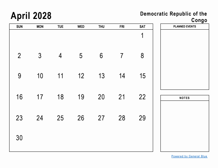 April 2028 Printable Monthly Calendar with Democratic Republic of the Congo Holidays