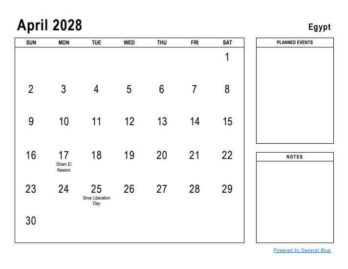 April 2028 Printable Monthly Calendar with Egypt Holidays