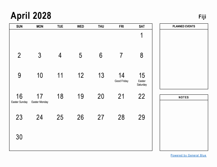 April 2028 Printable Monthly Calendar with Fiji Holidays