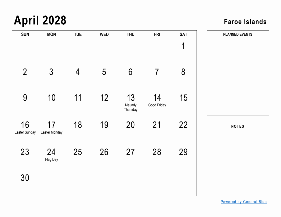 April 2028 Planner with Faroe Islands Holidays