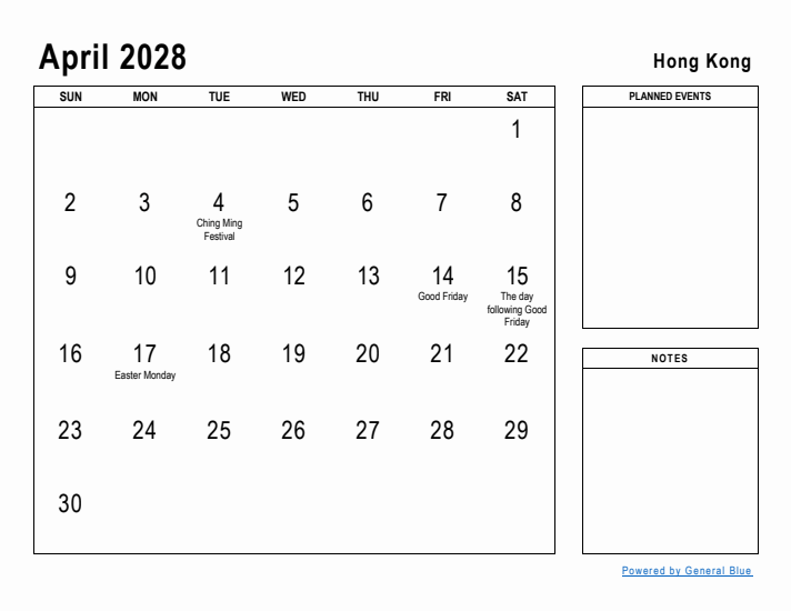 April 2028 Printable Monthly Calendar with Hong Kong Holidays