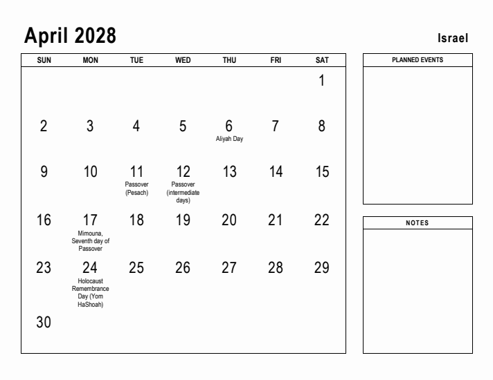 April 2028 Printable Monthly Calendar with Israel Holidays