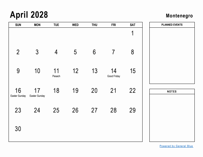 April 2028 Printable Monthly Calendar with Montenegro Holidays