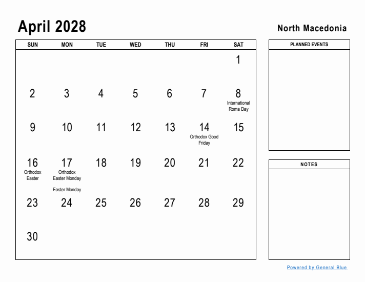 April 2028 Printable Monthly Calendar with North Macedonia Holidays