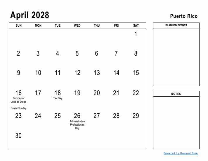 April 2028 Printable Monthly Calendar with Puerto Rico Holidays