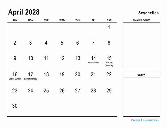 April 2028 Printable Monthly Calendar with Seychelles Holidays