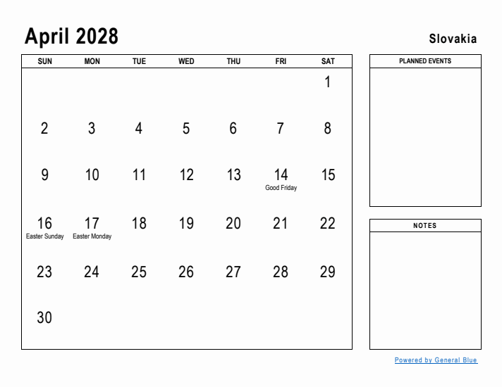April 2028 Printable Monthly Calendar with Slovakia Holidays