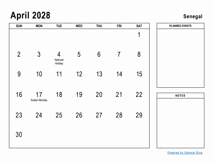 April 2028 Printable Monthly Calendar with Senegal Holidays