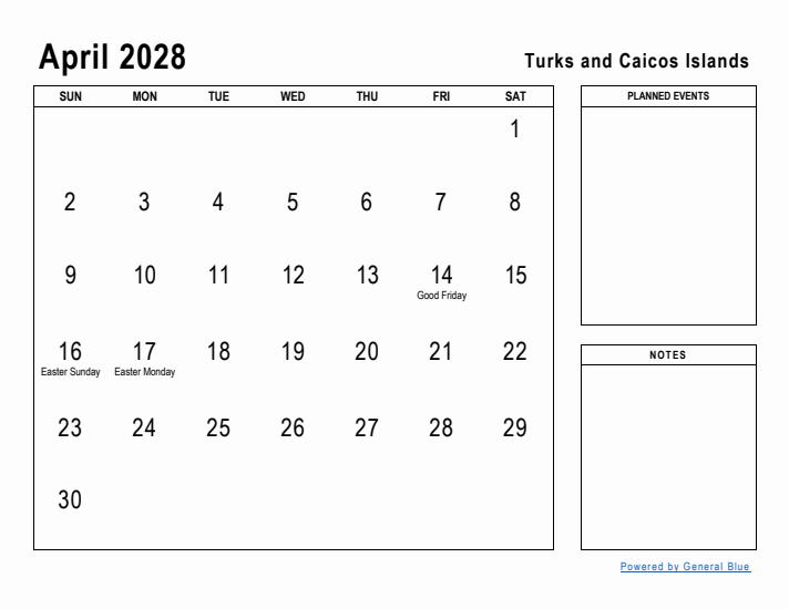 April 2028 Printable Monthly Calendar with Turks and Caicos Islands Holidays