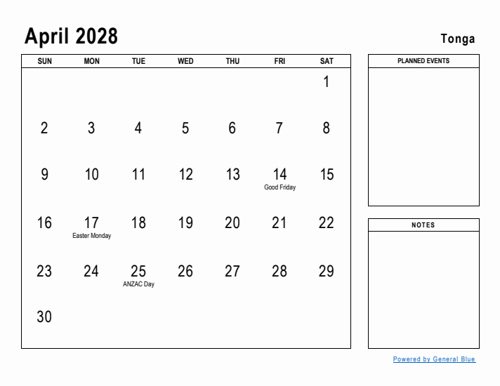 April 2028 Printable Monthly Calendar with Tonga Holidays