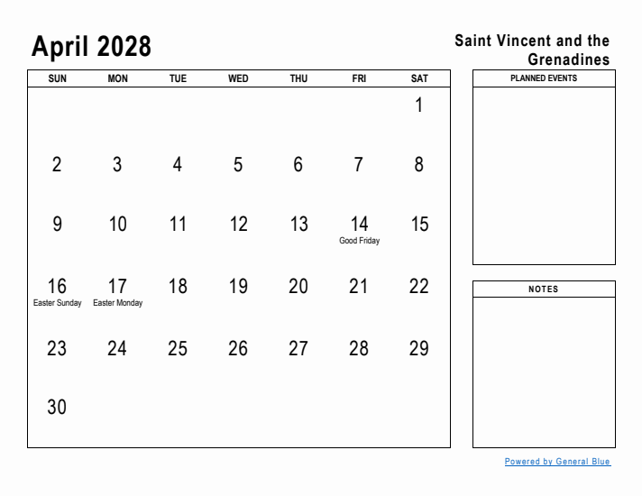 April 2028 Printable Monthly Calendar with Saint Vincent and the Grenadines Holidays