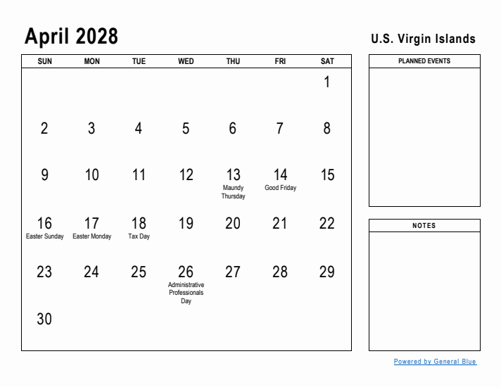 April 2028 Printable Monthly Calendar with U.S. Virgin Islands Holidays