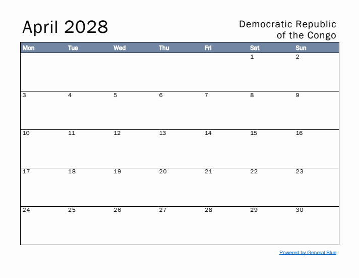 April 2028 Simple Monthly Calendar for Democratic Republic of the Congo