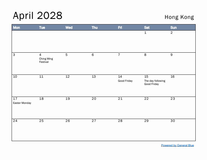 April 2028 Simple Monthly Calendar for Hong Kong