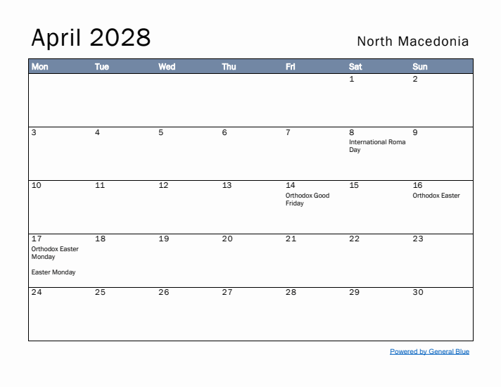 April 2028 Simple Monthly Calendar for North Macedonia
